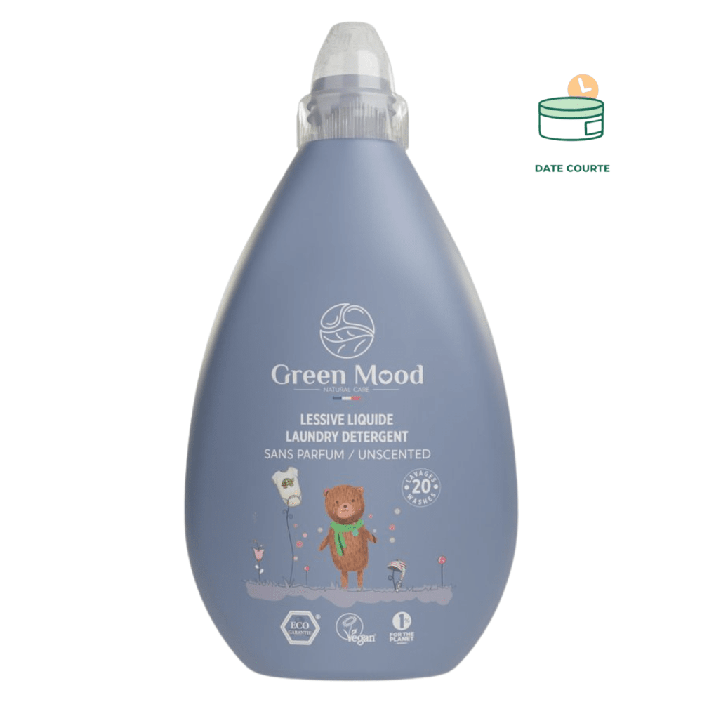 LESSIVE LIQUIDE BÉBÉ 1L - Sans parfum lessive Green Mood DLUO : septembre 2025 1 L